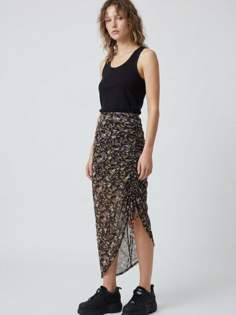 Atlein x RTR Black Floral Mesh Maxi Skirt Ruched Asymmetric Y2K | Size 6